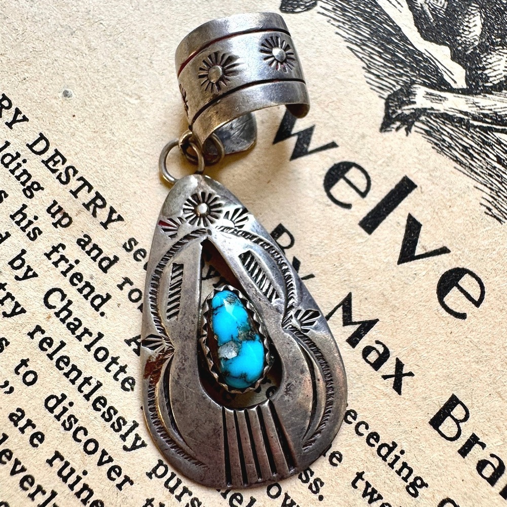 VTG Navajo Turquoise Ear Cuff Shadowbox Dangle Sterling Wrap Earring Native Amer
